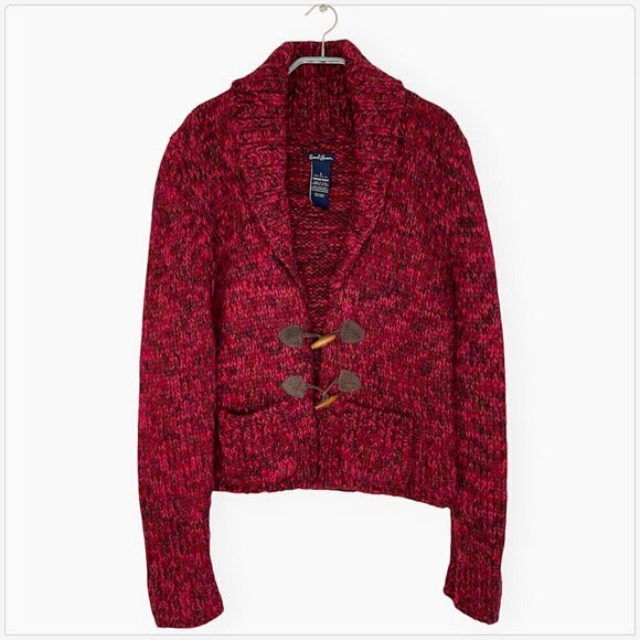 Earl Jean Pink Red Marled Wool Alpaca Hand Knit Cardigan Sweater Chunky Size L - Picture 1 of 3